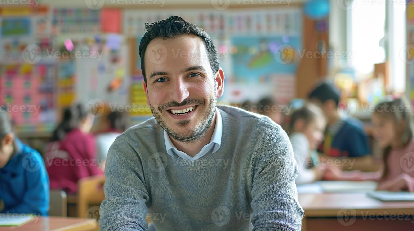 ai gerado masculino professor dentro classe com Aprendendo alunos em fundo. Educação, sala de aula, professor, crianças, criança, estudar, aprender, homem, acadêmico, Academia, retrato, estilo de vida foto