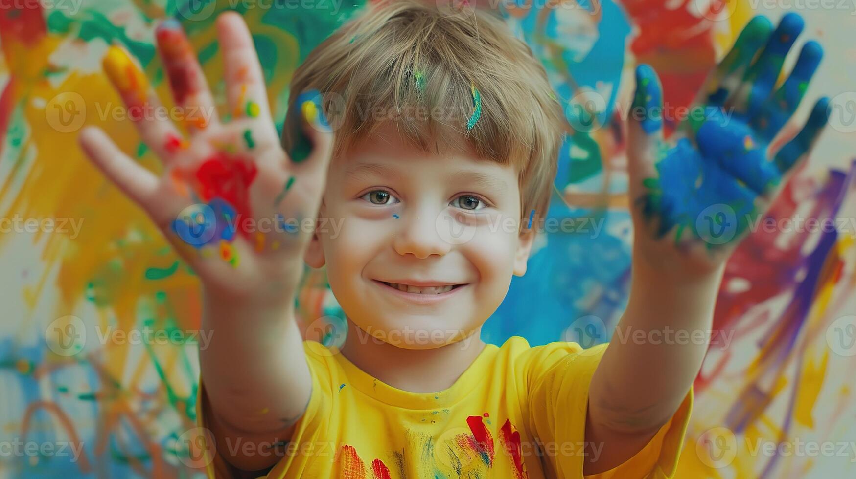 ai gerado feliz Garoto jogando com cores. cor, aquarela, mão, mãos, sorriso, criança, infância, diversão, bebê, crianças, diversão, engraçado, expressão, rir, pequeno, jogar, pintar, retrato foto