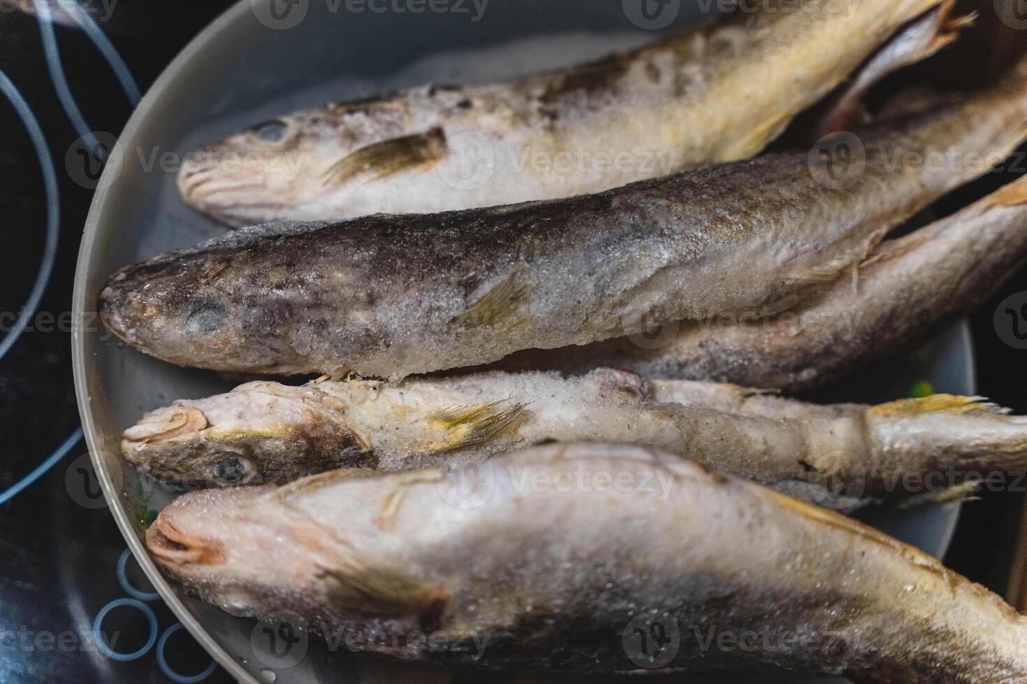 congeladas navaga peixe dentro uma tigela dentro a cozinha foto