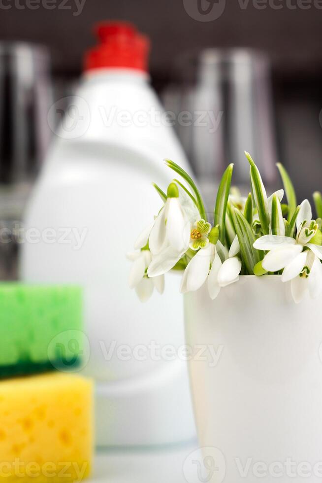 Primavera flores e dentro a fundo dentro a borrão detergente e cozinha esponjas para lavando pratos. conceito do Primavera limpeza. fechar-se. seletivo foco. foto