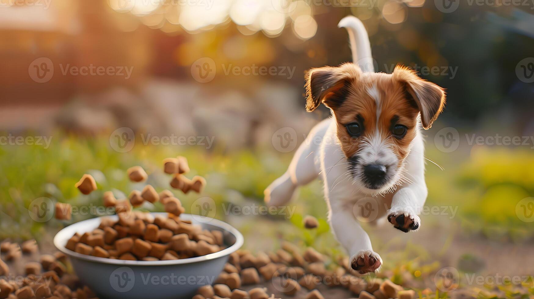 ai gerado uma pequeno fofa jack russell cachorro perto uma tigela do Comida. ai gerado foto