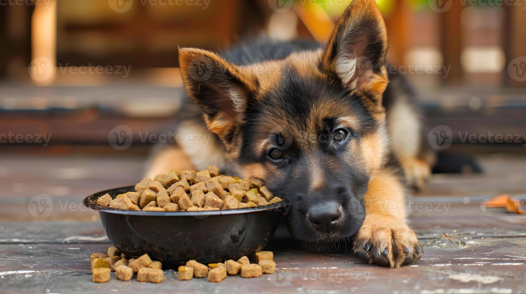 ai gerado uma pequeno fofa pastor cachorro perto uma tigela do Comida. ai gerado foto