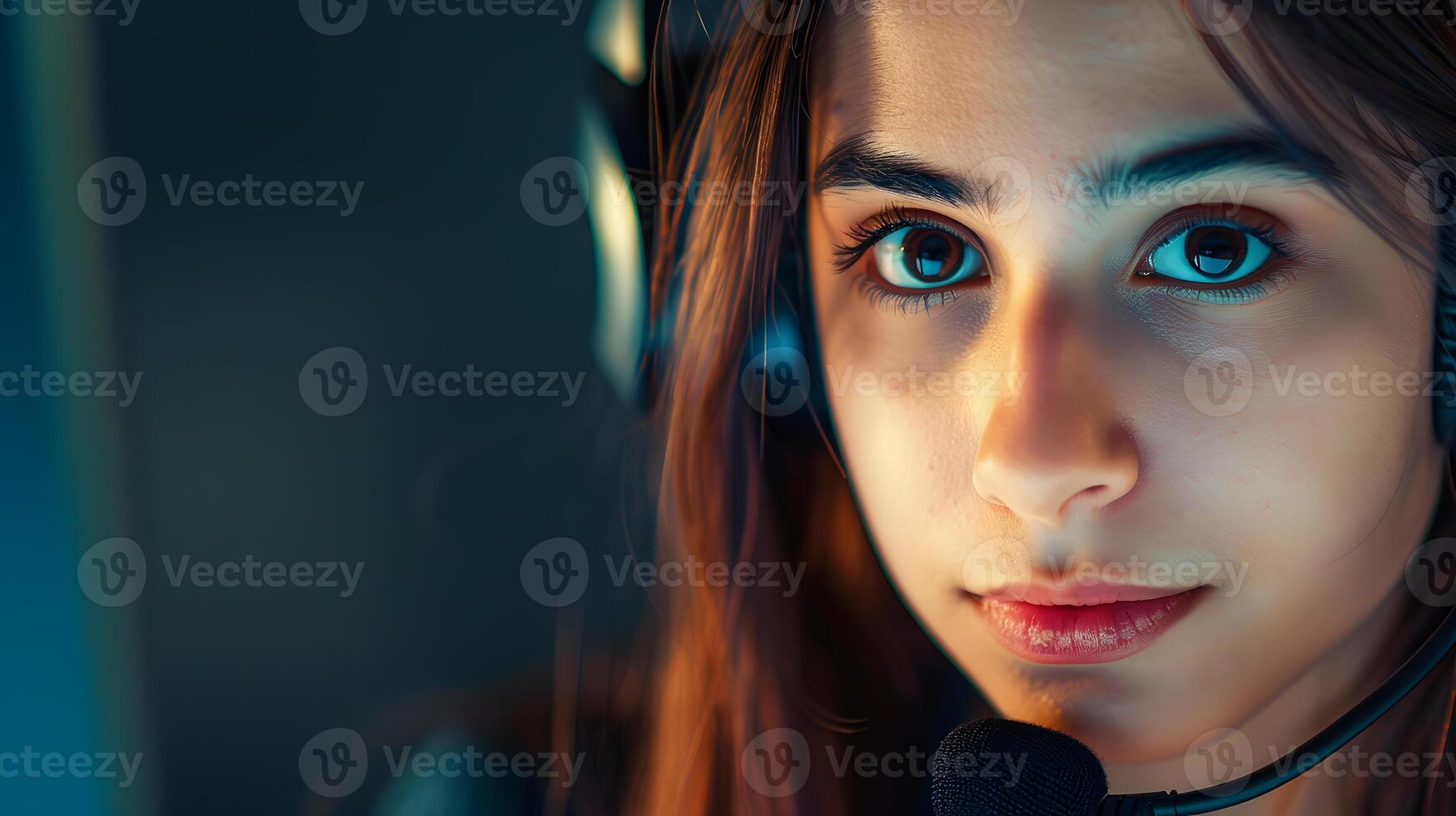 ai gerado retrato do uma jovem mulher ligar Centro operador. ai gerado foto