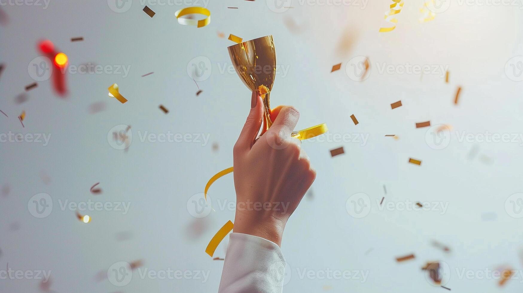 ai gerado mãos do o negócio mulher segurando e lift uma dourado troféu, em torno da com Parabéns confete fita flocos. foto