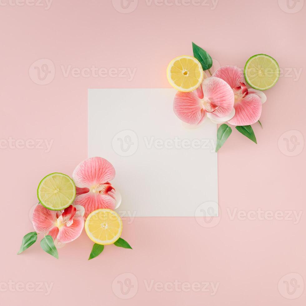 na moda disposição fez com orquídea flores, Lima, limões, verde folhas e papel cartão Nota cópia de espaço em luz Rosa fundo. criativo Comida conceito. mínimo citrino frutas com flores ideia. plano deitar. foto