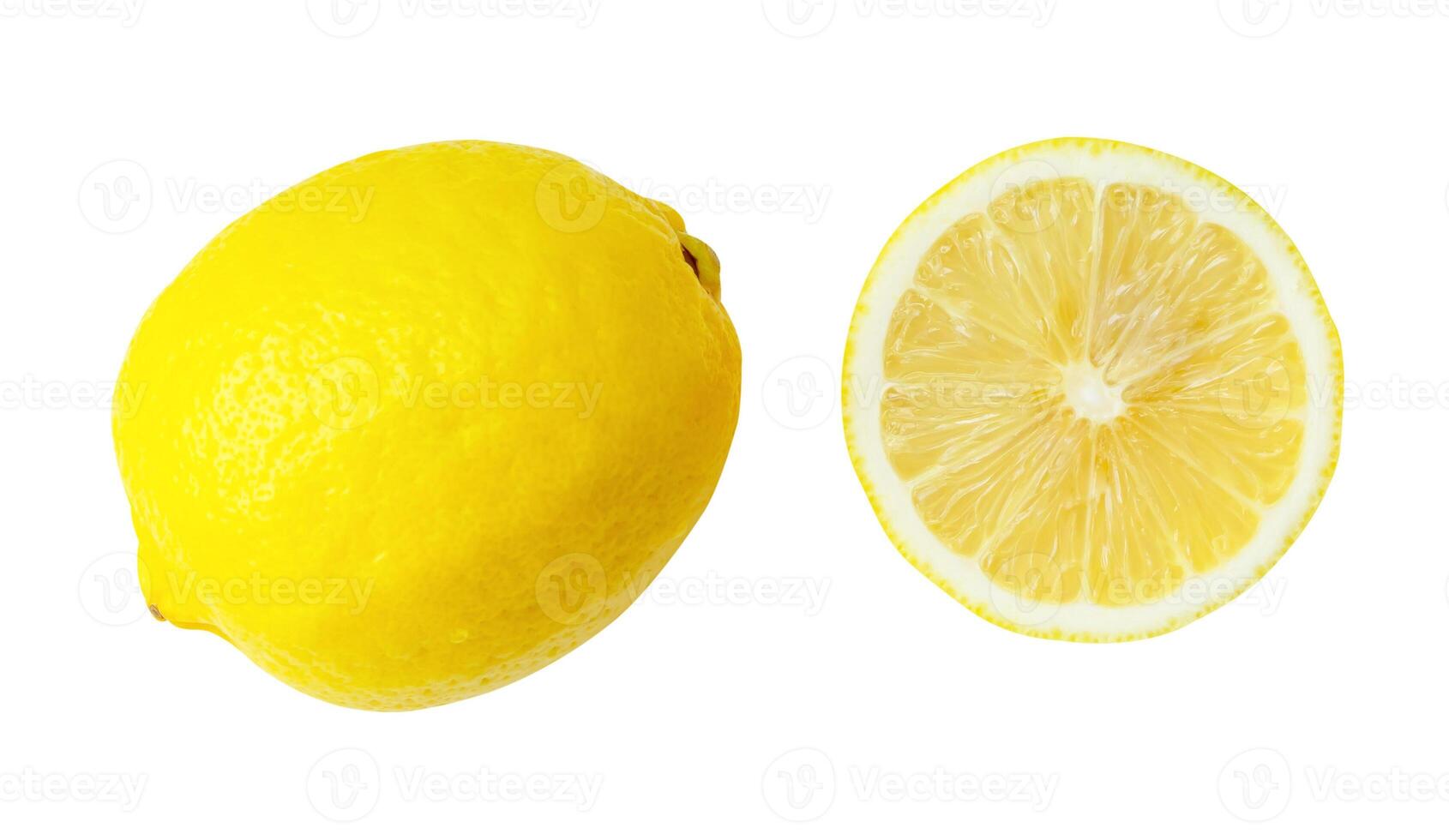 topo Visão do fresco amarelo limão fruta com alguns gotas e metade isolado em branco fundo com recorte caminho foto