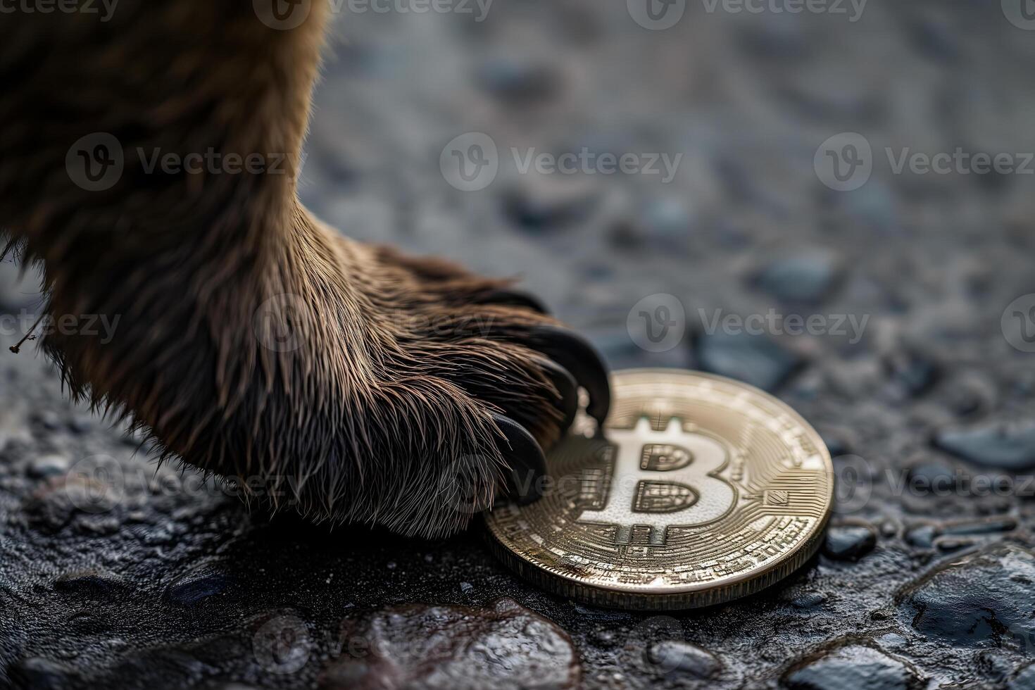 ai gerado Urso pata pisoteando e segurando baixa bitcoin olho roxo. foto
