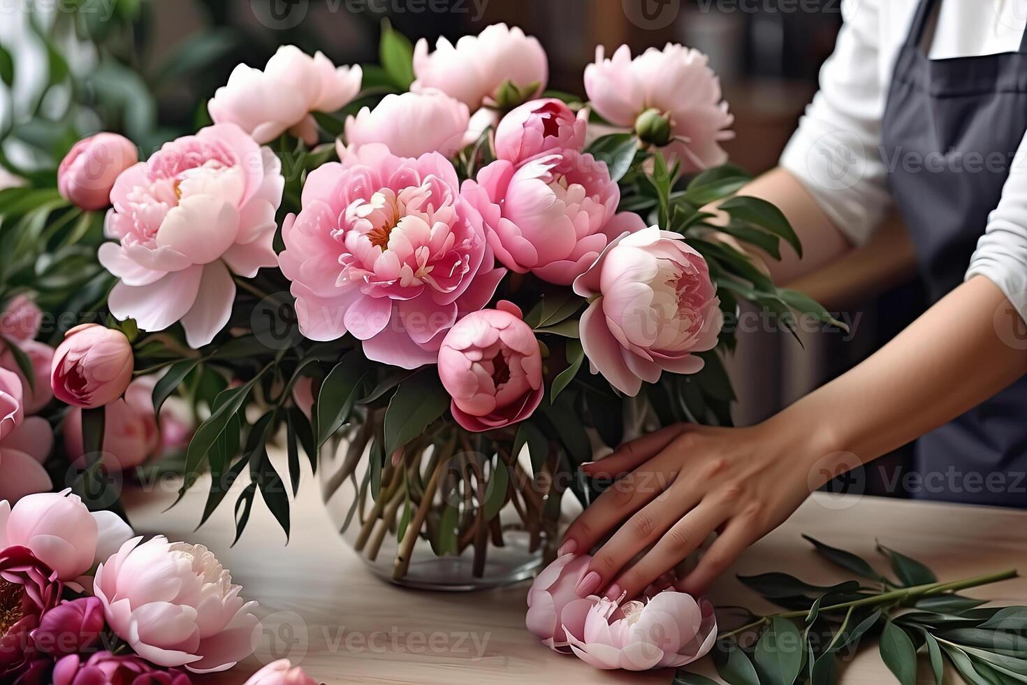 ai gerado uma fêmea florista coleta uma ramalhete do pions- fresco cortar flores dentro caixas e vasos dentro uma armazém e prateleiras para oferta, Entrega para a feriado. primavera, marcha 8, mulheres dia, aniversário. foto