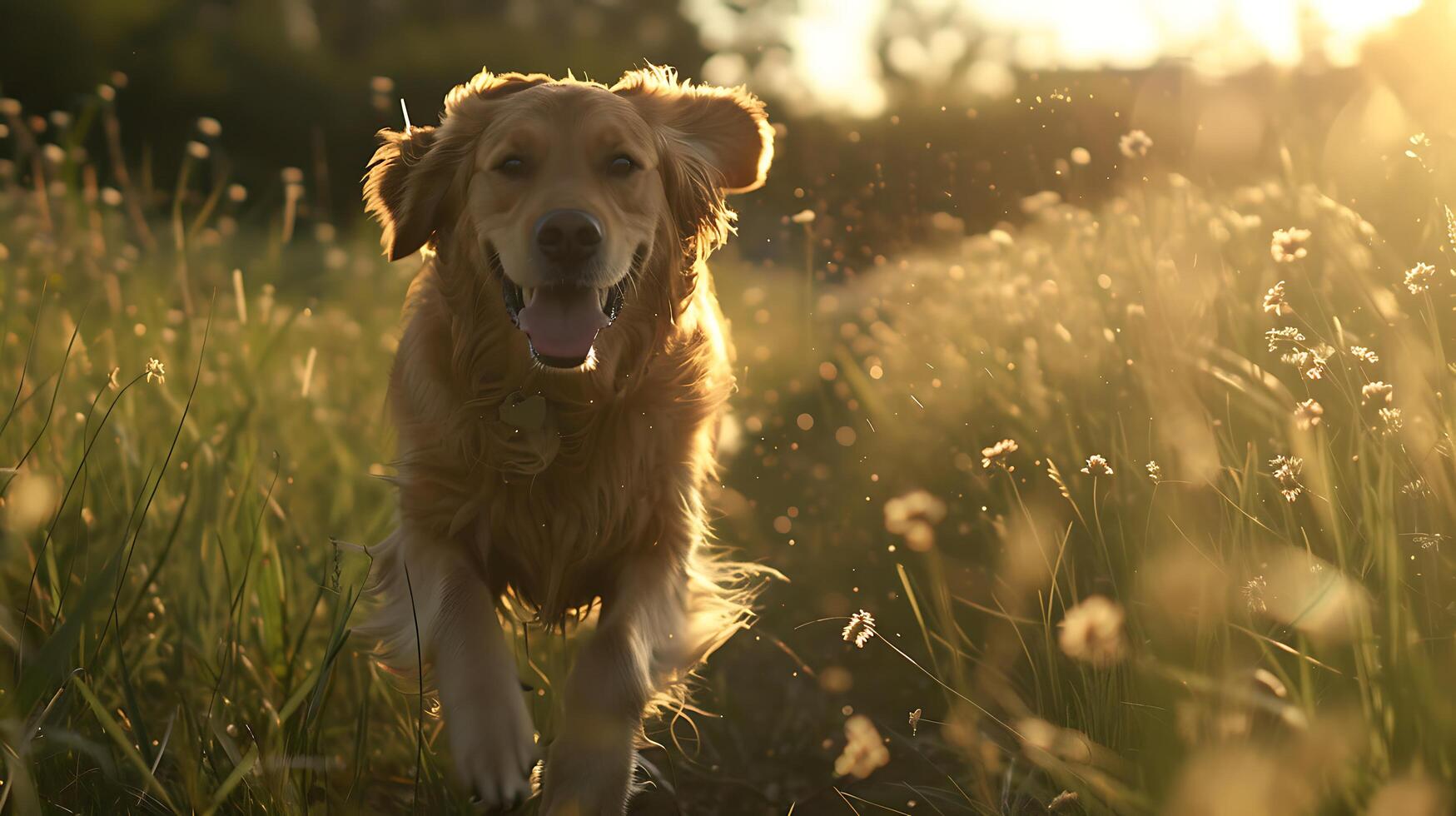 ai gerado dourado retriever brincadeiras dentro beijado pelo pôr do sol campo do verde Relva foto