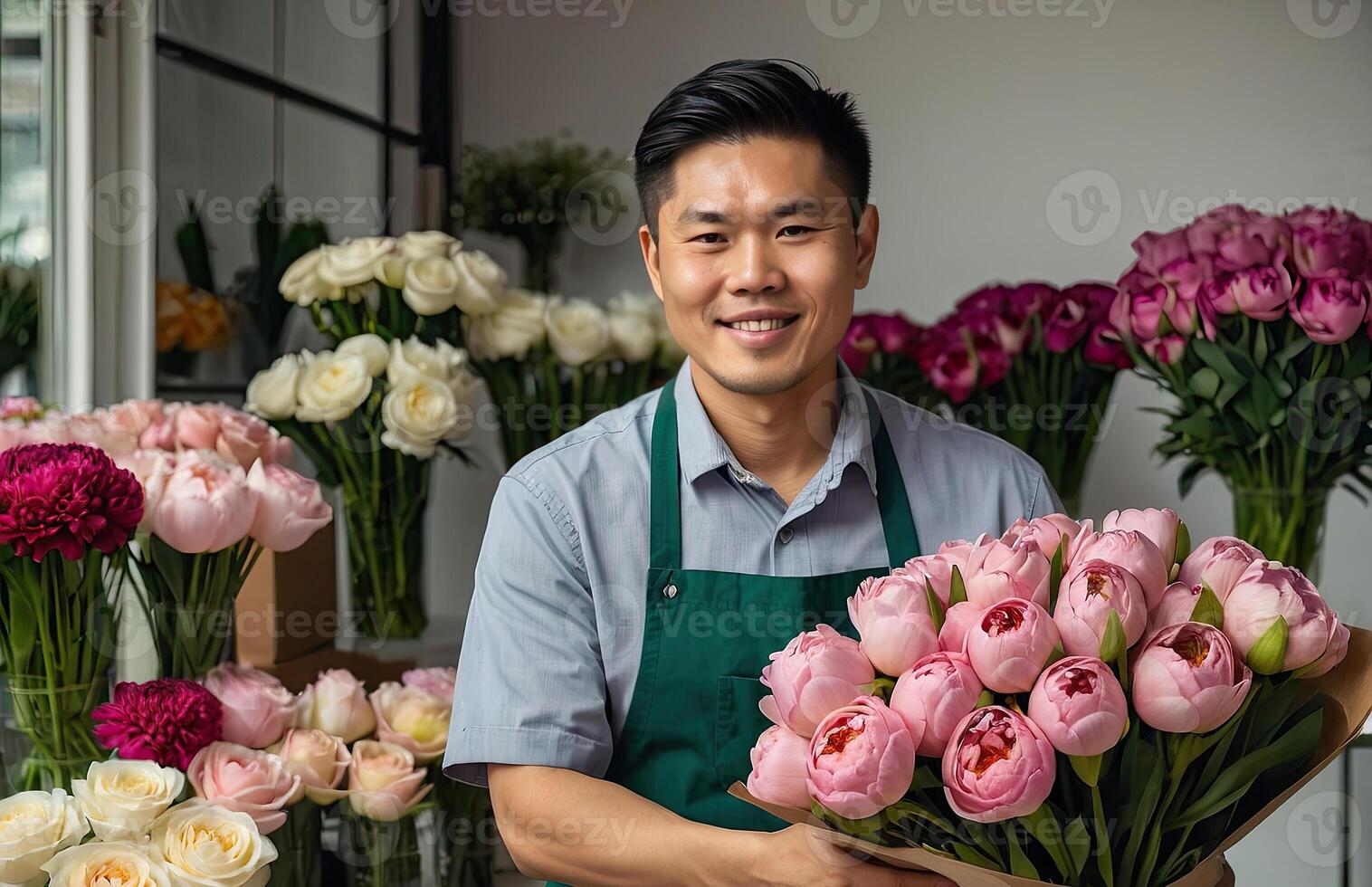 ai gerado ásia homem florista coleta uma ramalhete do pions- fresco cortar flores dentro caixas e vasos dentro flor fazer compras e prateleiras para oferta, Entrega para a feriado. primavera, marcha 8, mulheres dia, aniversário foto