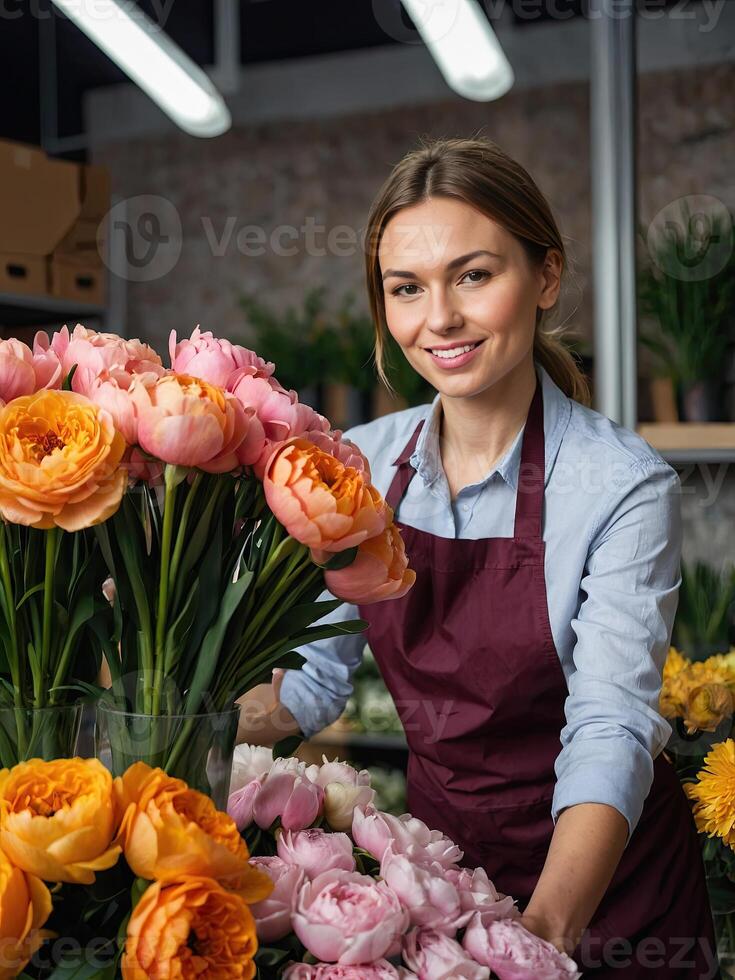 ai gerado mulher florista coleta uma ramalhete do pions- fresco cortar flores dentro caixas e vasos dentro flor fazer compras e prateleiras para oferta, Entrega para a feriado. primavera, marcha 8, mulheres dia, aniversário foto