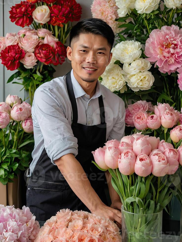 ai gerado ásia homem florista coleta uma ramalhete do pions- fresco cortar flores dentro caixas e vasos dentro flor fazer compras e prateleiras para oferta, Entrega para a feriado. primavera, marcha 8, mulheres dia, aniversário foto