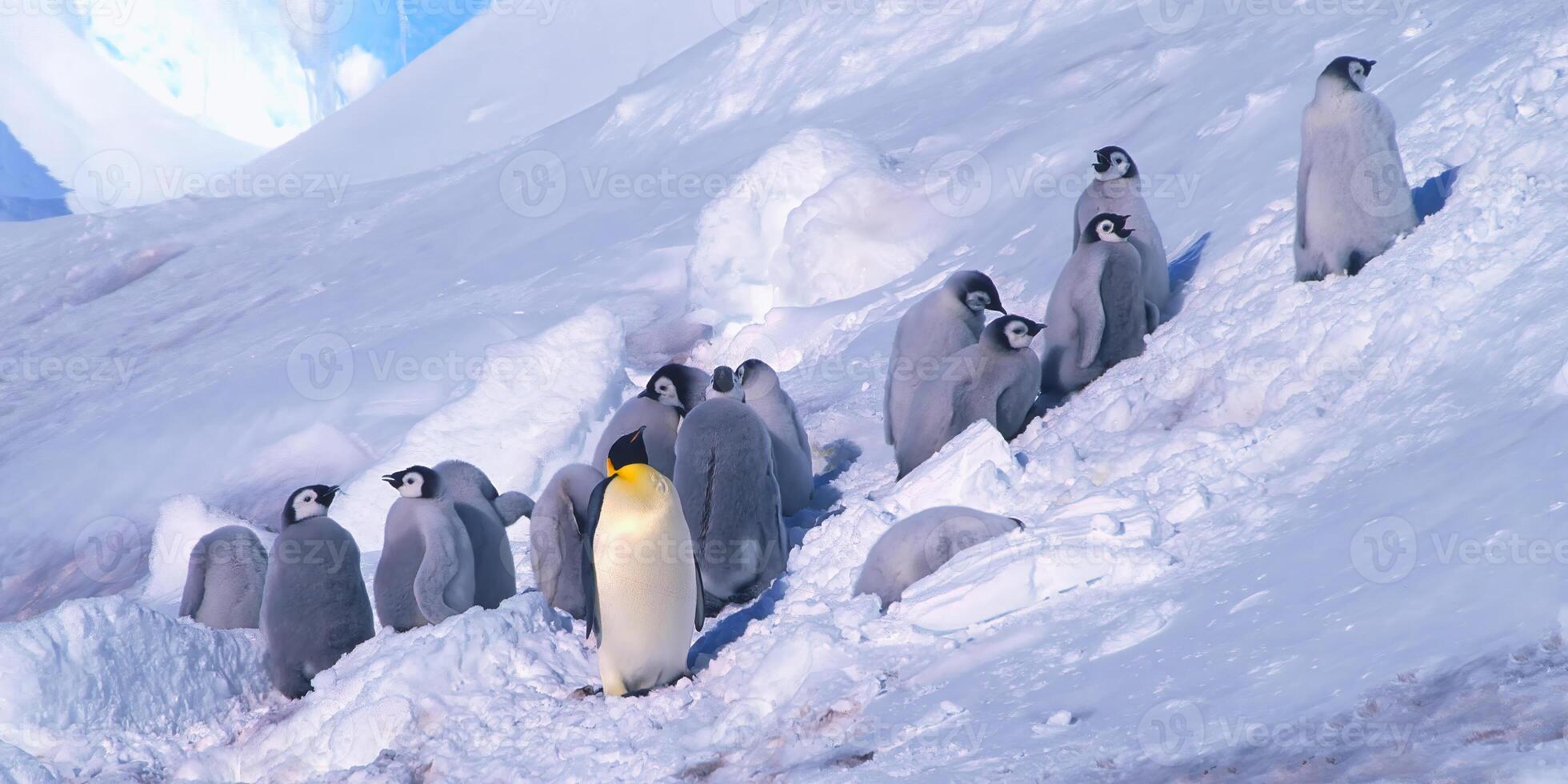 adulto imperador pinguim, aptenoditas Forsteri, ficando dentro pintinho berçário, aparador entrada porto de gelo, Weddell mar, Antártica foto