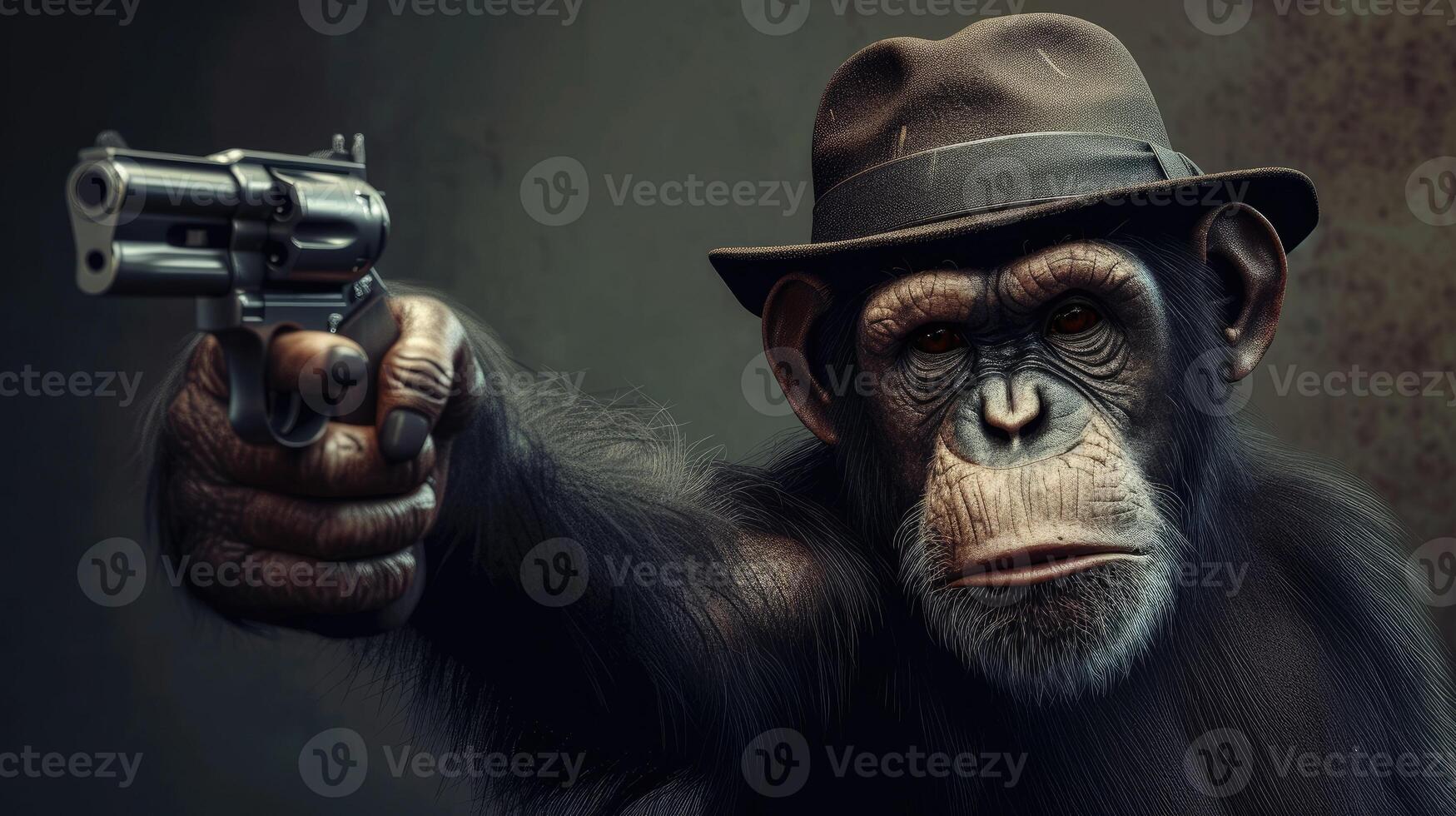 ai gerado chimpanzé dentro uma à moda chapéu brande uma arma de fogo com confiança, ai gerado foto