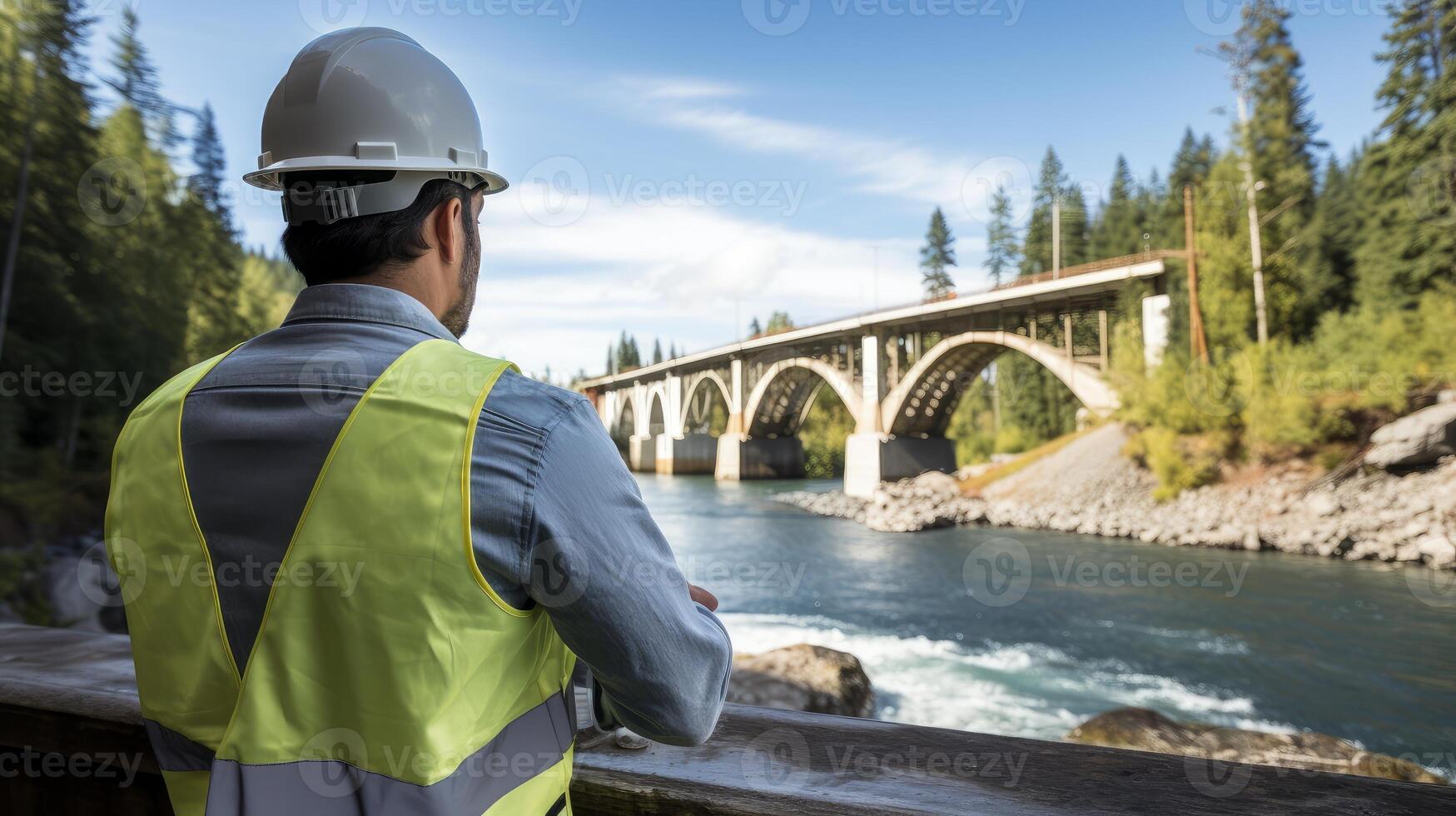 ai gerado engenheiro analisando estrutural integridade do uma ponte.. generativo ai foto