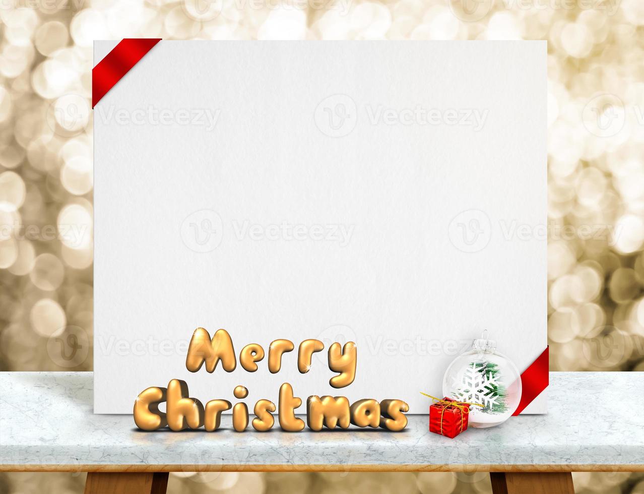 Feliz Natal renderização 3d com bola de Natal na frente do cartão branco com fita vermelha foto