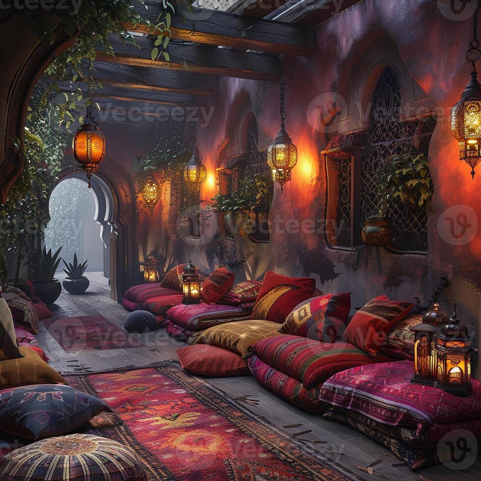 ai gerado estilo marroquino salão com rico cores lanternas foto