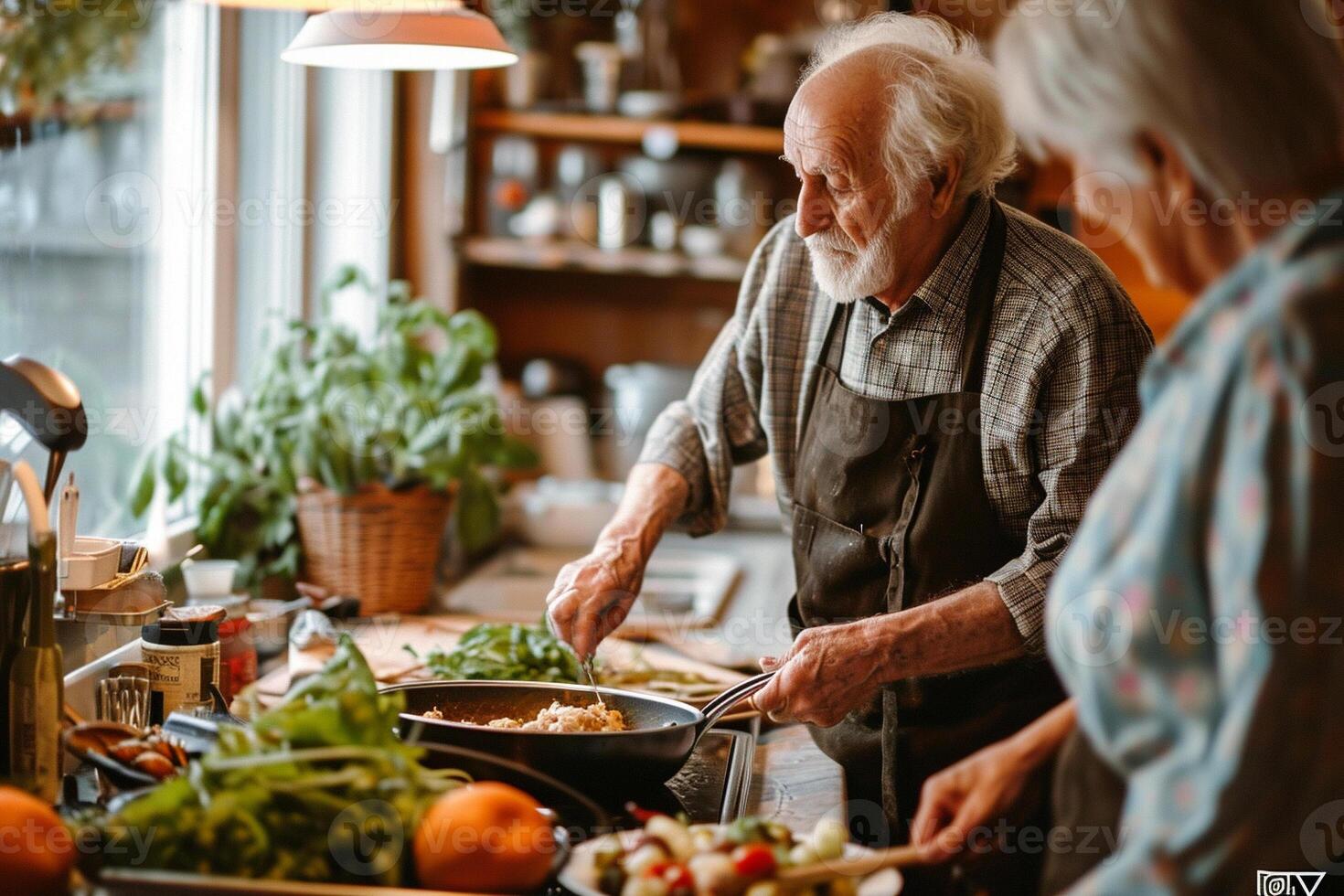 ai gerado idosos casal preparando comida.an idosos homem com uma barba cozinheiros dentro uma caseiro cozinha preenchidas com plantas, exibindo casa culinária. foto