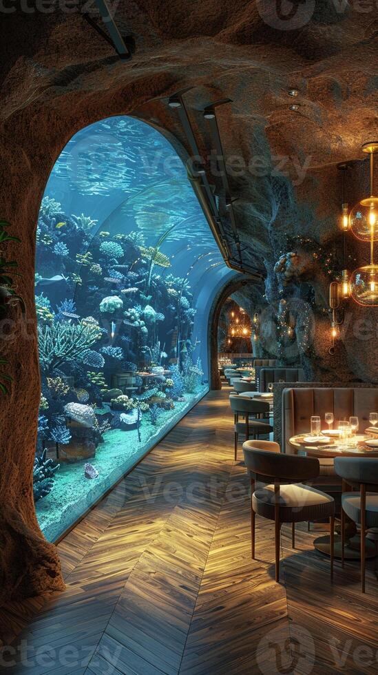 ai gerado com tema subaquático restaurante com aquário paredes e marinho decoração3d renderizar. foto