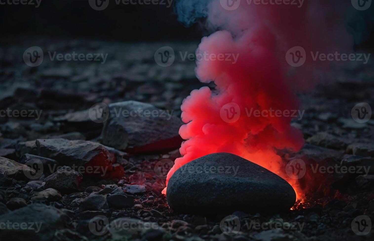 ai gerado dentro uma Sombrio e estranho contexto, uma pedra emite uma vibrante vermelho fumaça foto