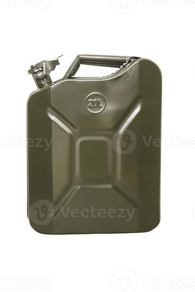 combustível recipiente jerrycan. vasilha para Gasolina, diesel fogo de gás resistente armazenamento tanque. verde metal vasilha foto