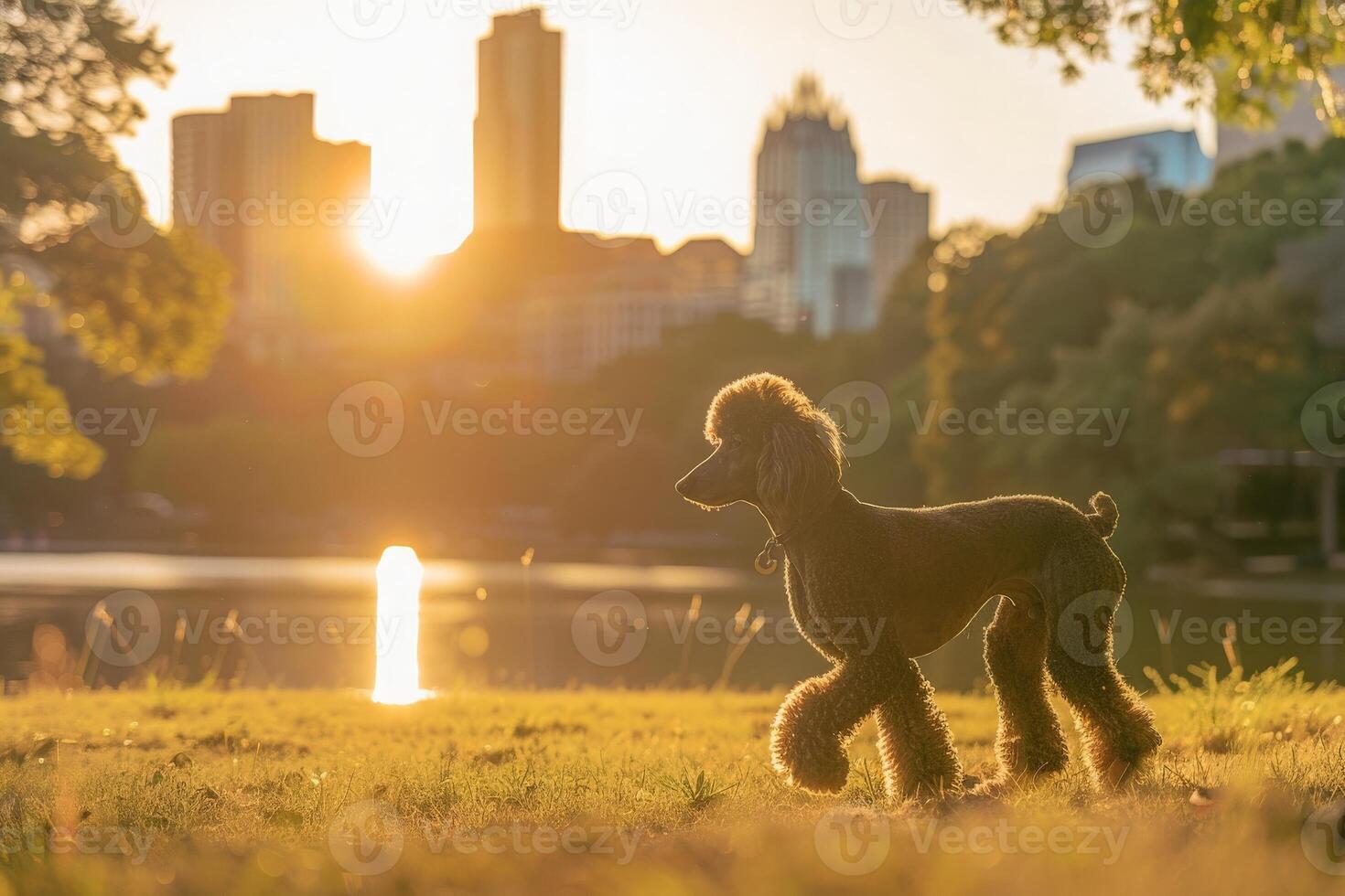 ai gerado uma padrão poodle dentro cheio mostrar aparar empinados através uma parque às pôr do sol, exalando elegância e graça. foto