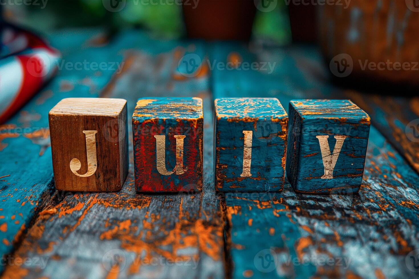 ai gerado de madeira blocos calendário com Julho 4 encontro e nos bandeira, independência dia foto