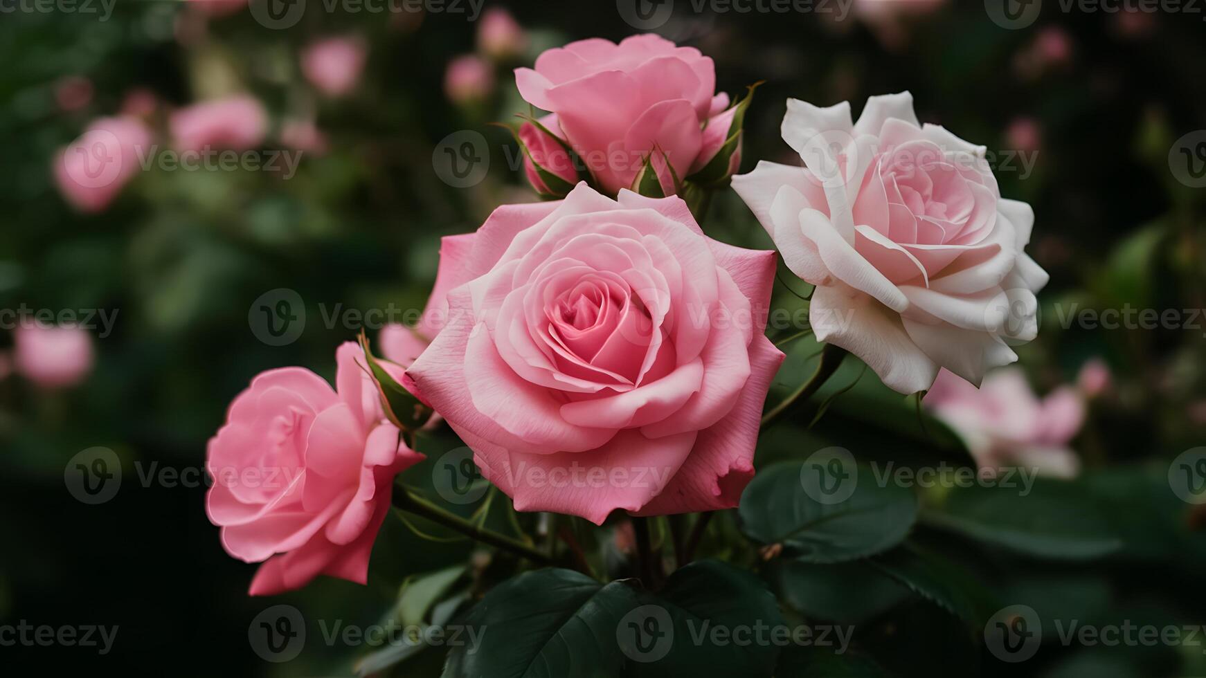 ai gerado Rosa rosas florescendo dentro verão jardim, natureza flor arte foto
