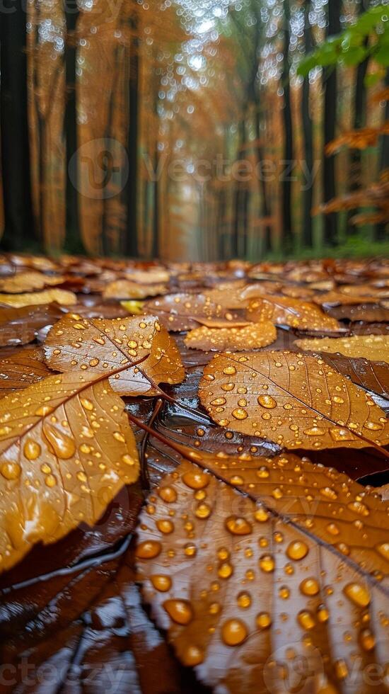 ai gerado lustroso encharcado de chuva folhas dentro uma floresta foto