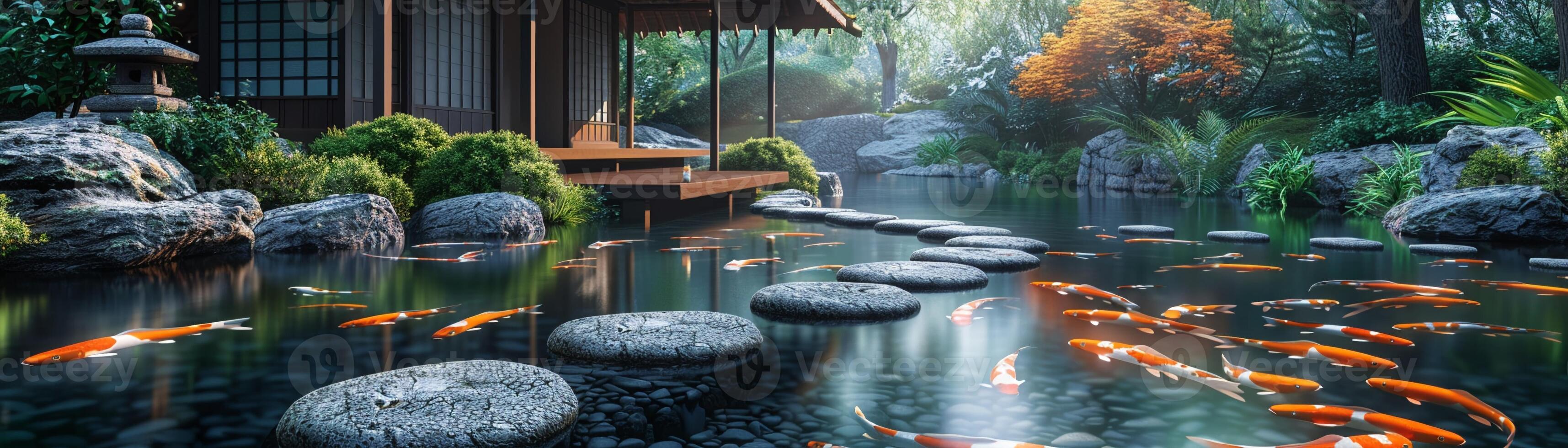 ai gerado tranquilo japonês koi lagoa jardim com pisar pedras e tradicional chá casa. foto