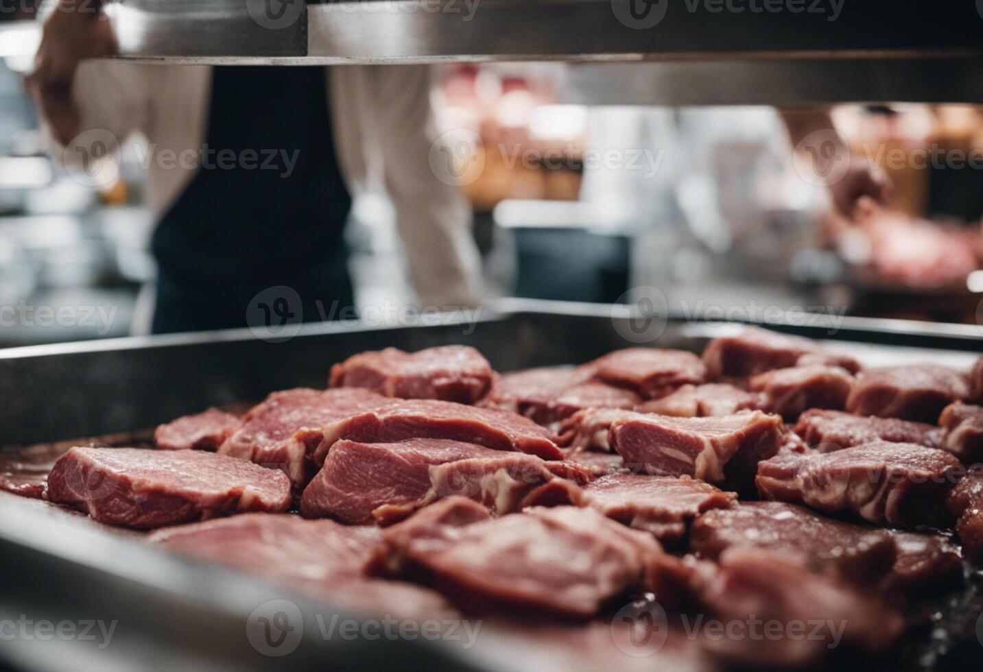 ai gerado fechar acima fresco cru carne às uma açougueiro fazer compras foto