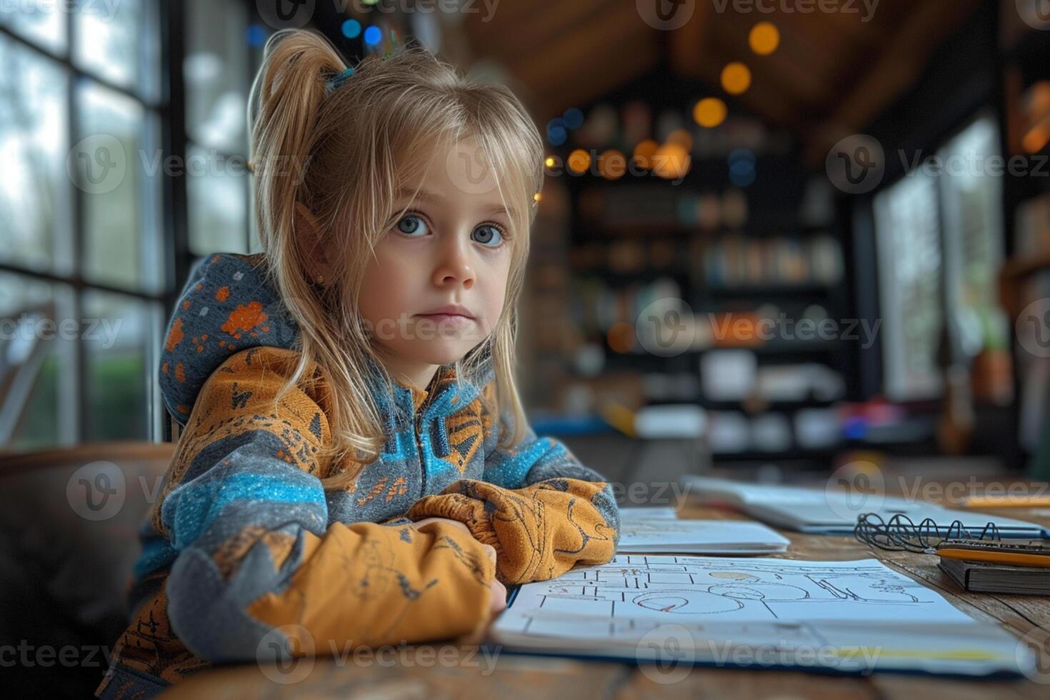 ai gerado uma pequeno menina sentado às uma mesa com uma livro foto