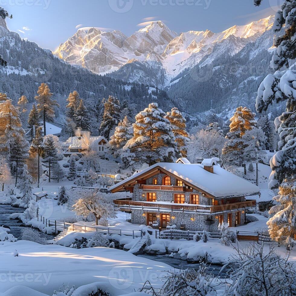 ai gerado tradicional suíço chalé no meio Nevado Alpes oferta acolhedor retiro foto