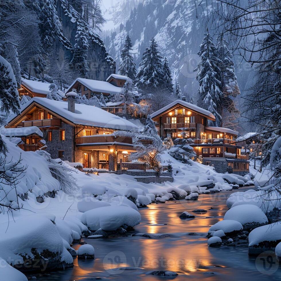 ai gerado tradicional suíço chalé no meio Nevado Alpes oferta acolhedor retiro foto