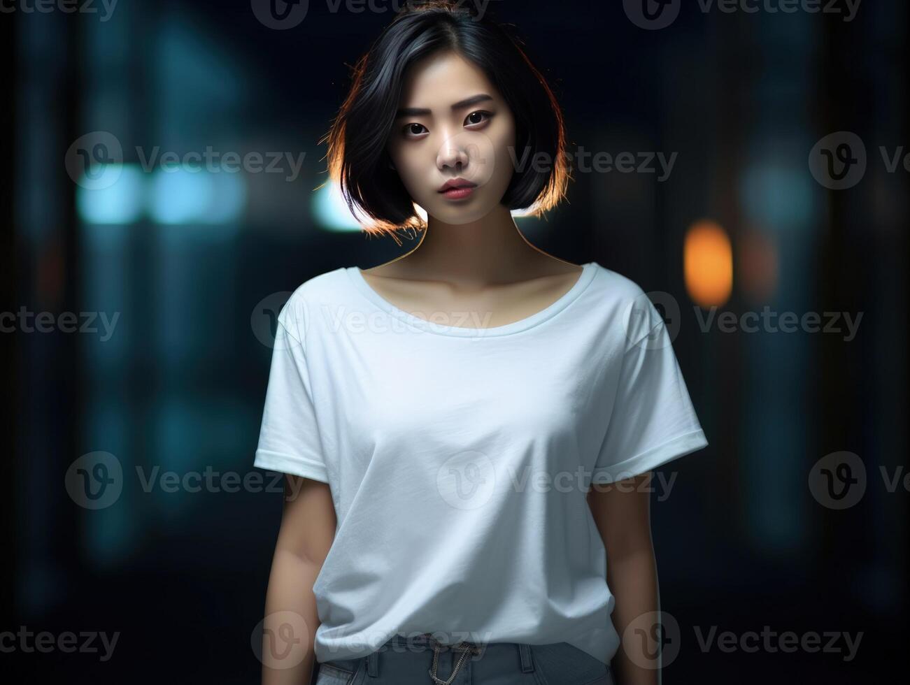 ai gerado retrato do uma lindo ásia mulher dentro branco camiseta foto