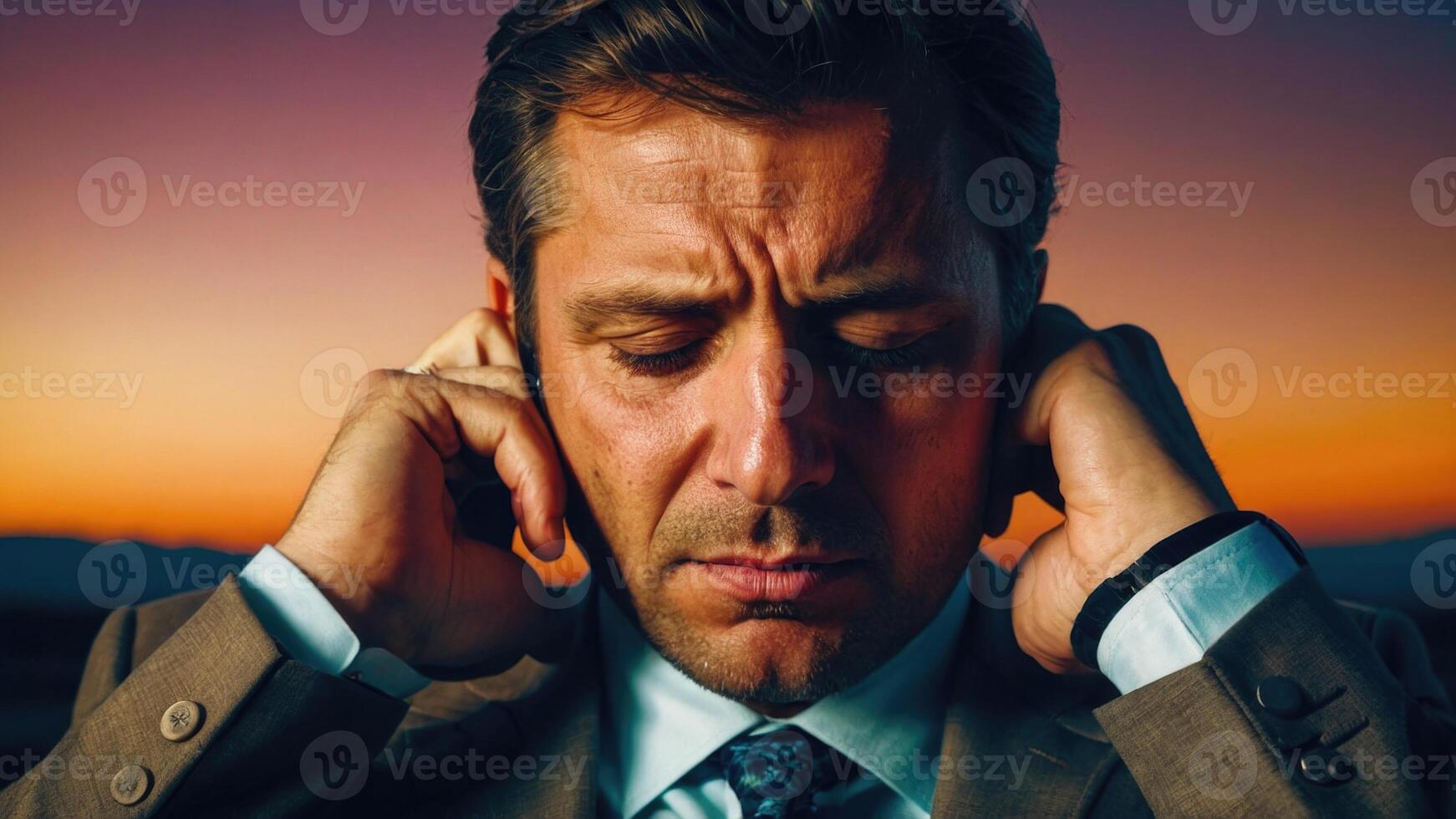 ai gerado uma homem de negocios dentro uma terno cansado depressivo entediado frustrado foto