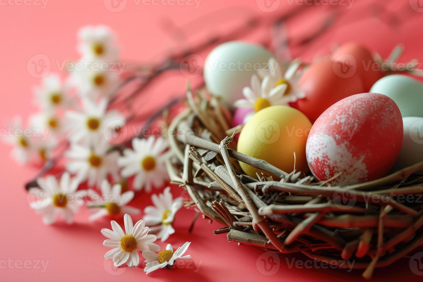 ai gerado colorida pintado Páscoa ovos dentro pássaro ninho com branco pequeno camomiles em vívido vermelho fundo. cumprimento cartão para Páscoa feriados. Primavera tempo. foto