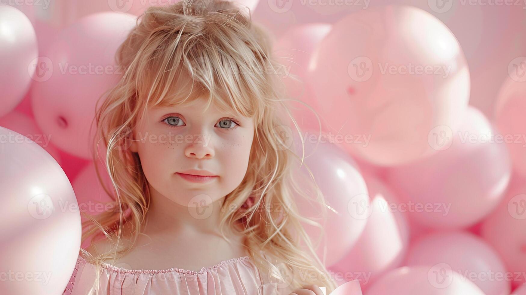ai gerado pequeno menina com muitos Rosa balões em pastel Rosa fundo foto