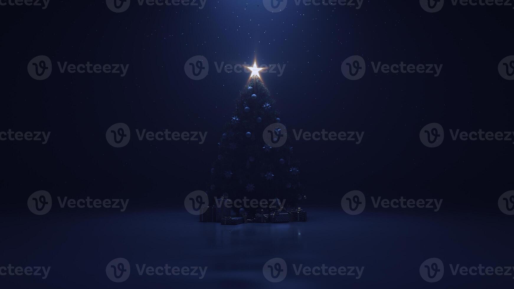 3d render Natal árvore com uma brilhando Estrela e uma festão dentro a Sombrio com queda neve foto