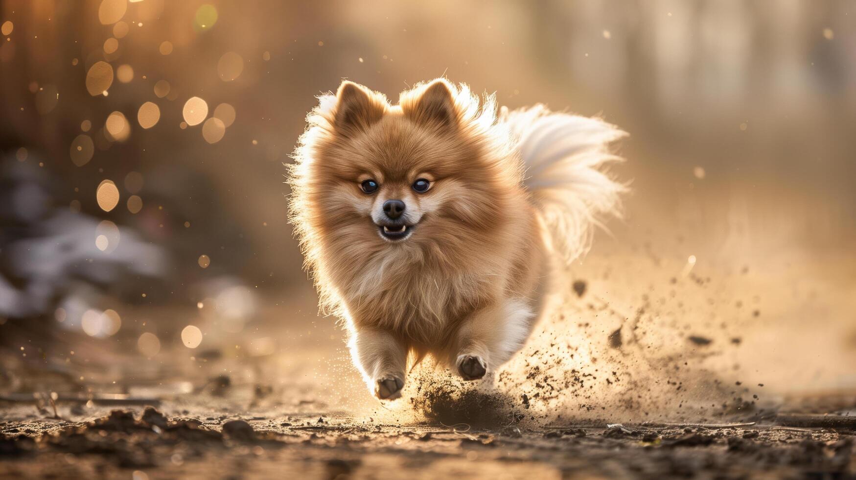 ai gerado pomerânia cachorro correndo dentro sujeira com borrado fundo, ideal para ar livre, ativo, canino, velocidade, natureza, e animal relacionado projetos. foto