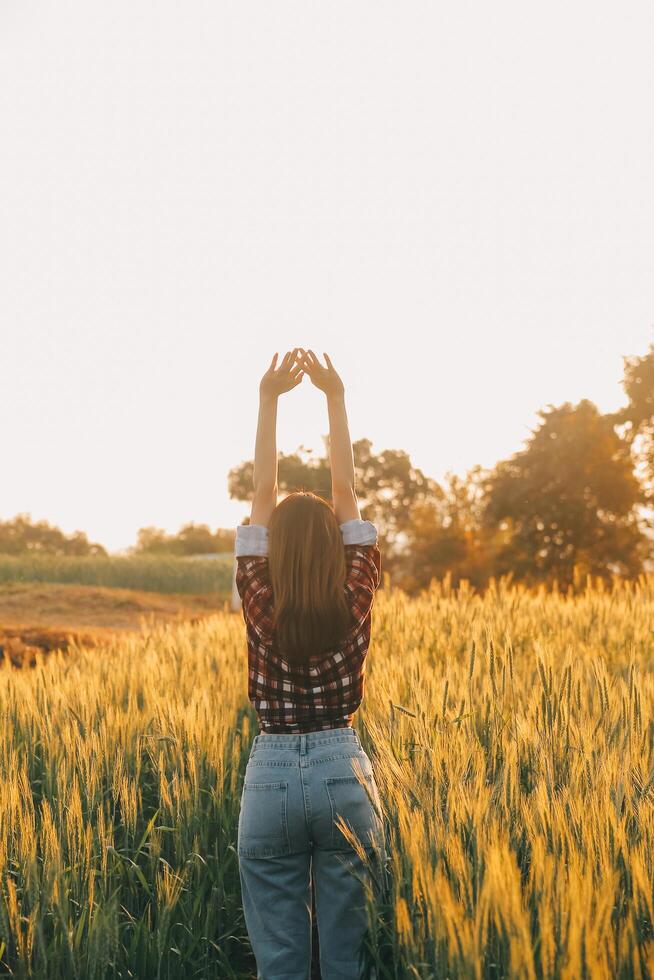 jovem bonita mulher dentro vermelho verão vestir e Palha chapéu caminhando em amarelo Fazenda campo com maduro dourado trigo desfrutando caloroso tarde. foto