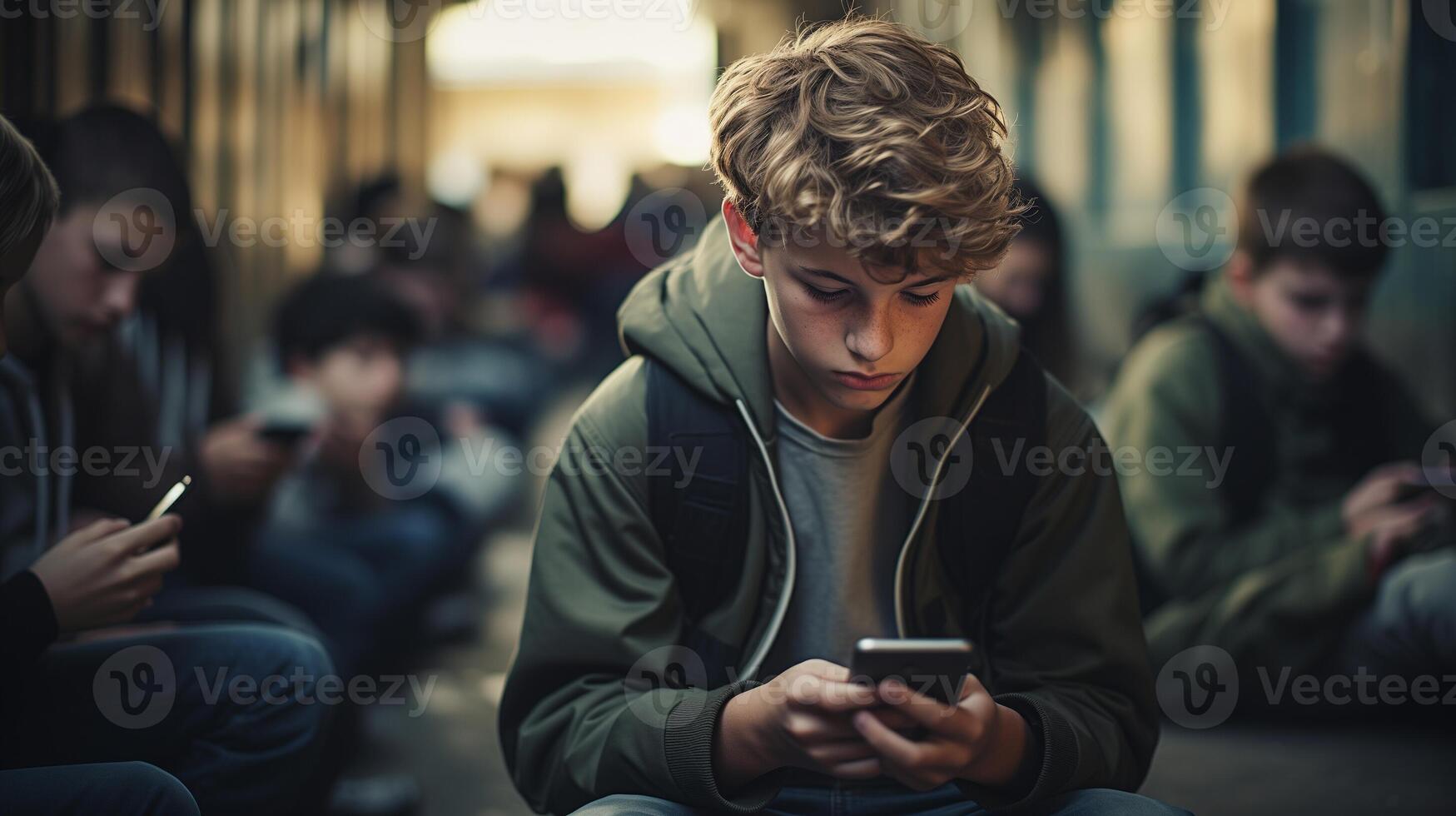 ai gerado jovem Garoto absorta dentro dele Smartphone, sentado em a terra com de outros adolescentes focado em seus dispositivos. conceito do digital era isolamento. foto