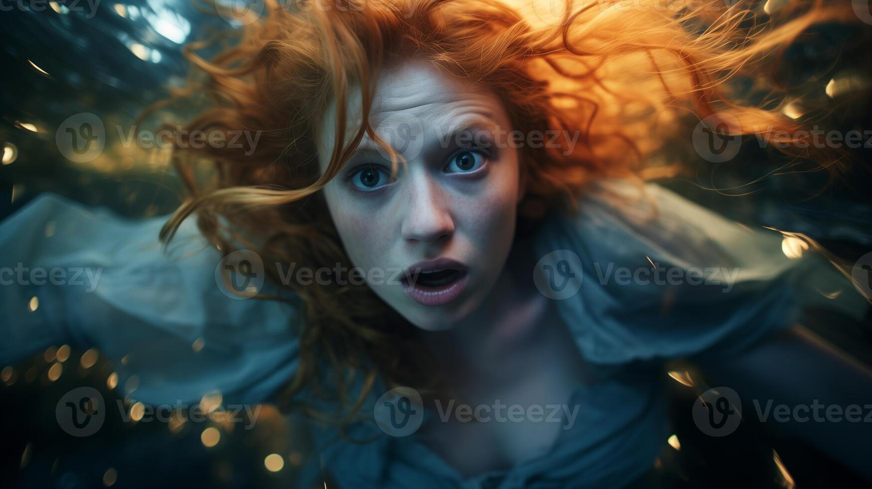 ai gerado ansioso chocado mulher com fluindo cabelo e dinâmico azul luz trilhas em uma Sombrio fundo. energia alta, expressivo retrato. foto