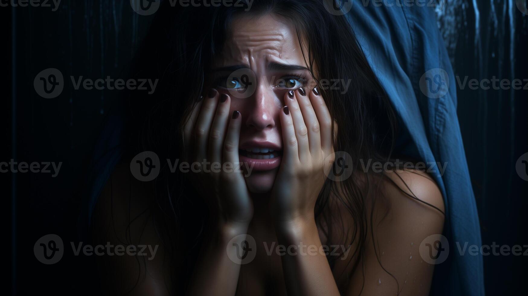 ai gerado angustiado jovem mulher com mãos em face, lágrimas, e pingos de chuva. emocional angústia conceito dentro baixo chave iluminação para Projeto e imprimir. foto