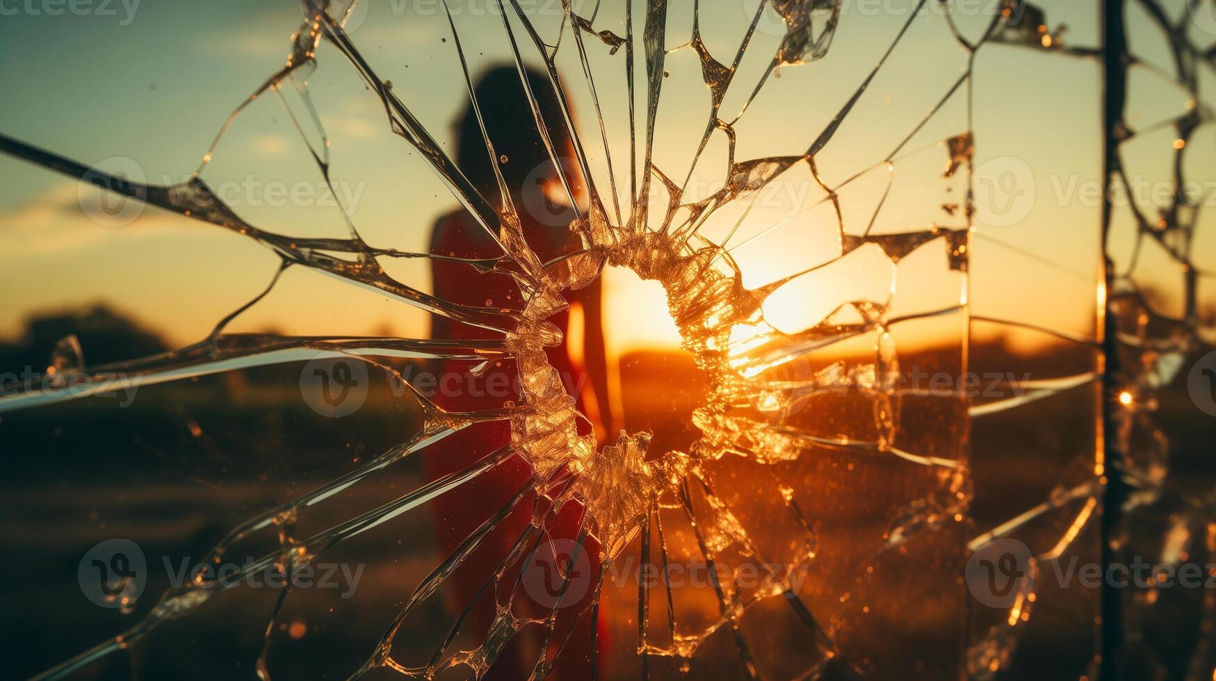 ai gerado quebrado relação conceito. fechar-se do intrincado padrões dentro quebrado vidro com uma configuração sol, simbolizando quebrado sonhos e beleza dentro caos. foto