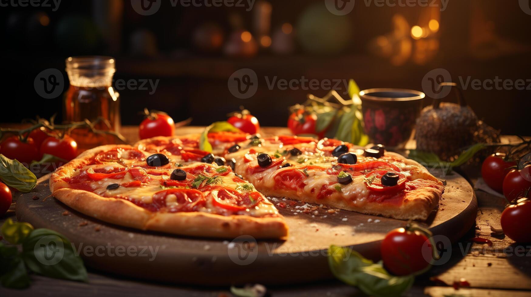 ai gerado fatiado pizza com derretido queijo e manjericão em uma de madeira borda. italiano cozinha e velozes Comida conceito. Projeto para restaurante cardápio, Comida blog. foto