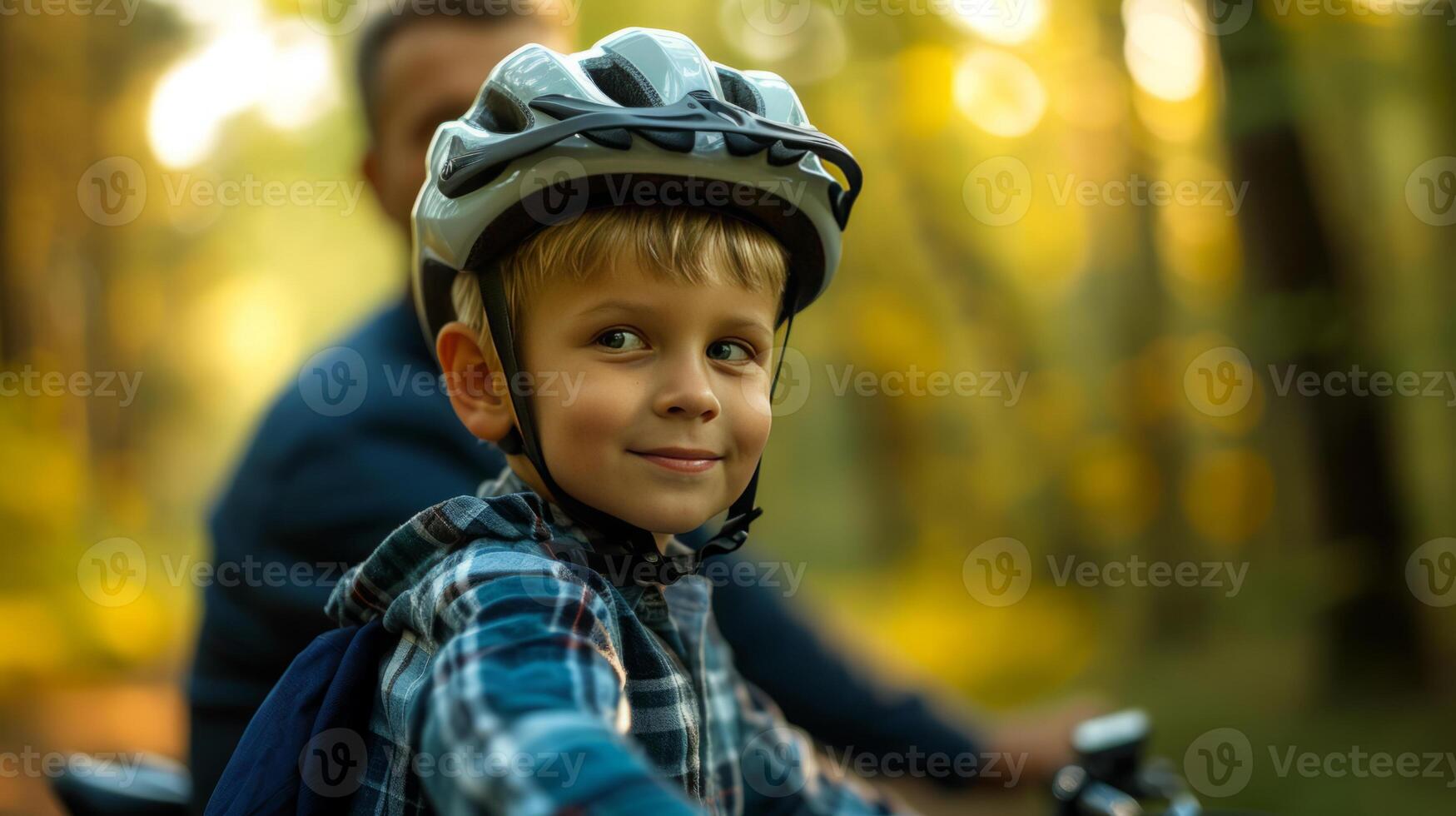 ai gerado uma Garoto com uma bicicleta capacete juntos com dele pai foto