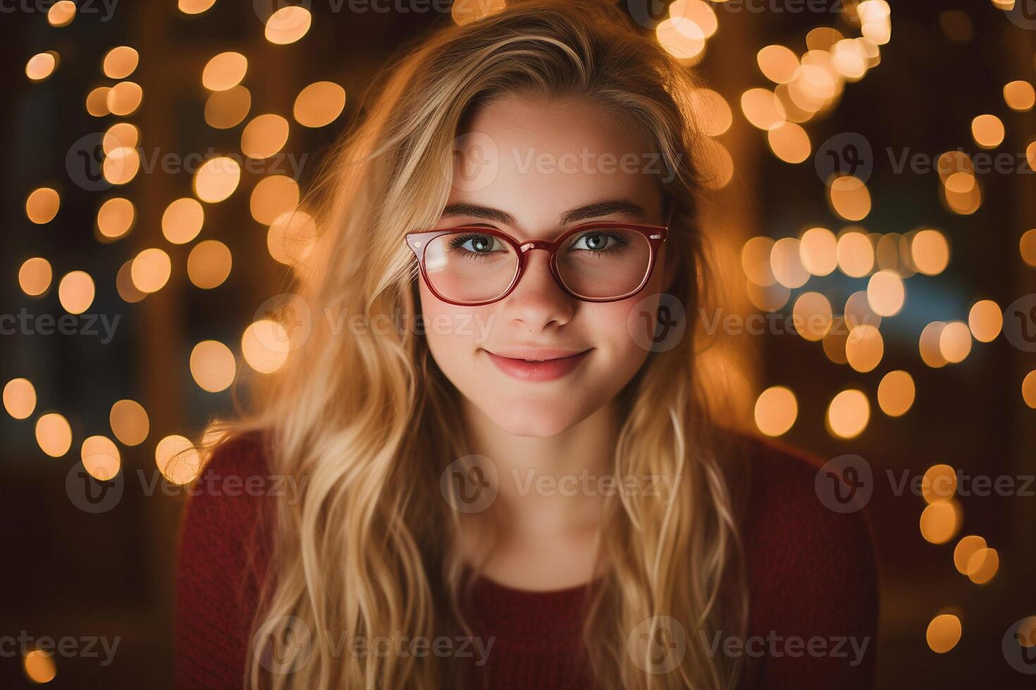 ai gerado caloroso retrato do uma jovem mulher com bokeh luzes foto