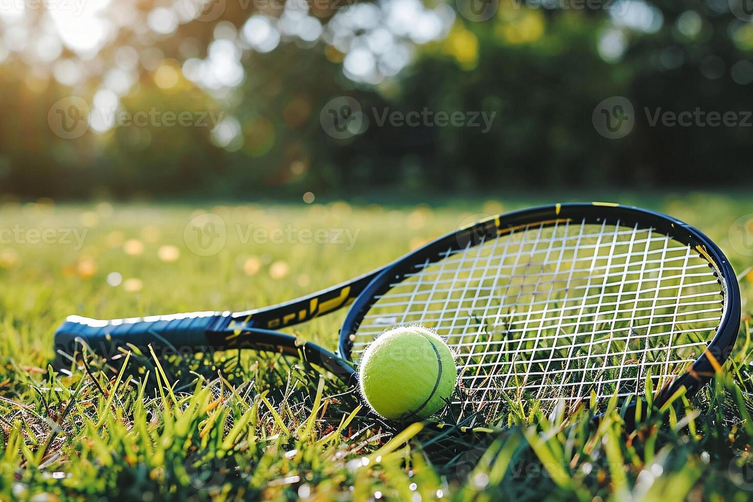 ai gerado Beijado pelo sol, ensolarado tênis raquete e bola em Relva foto