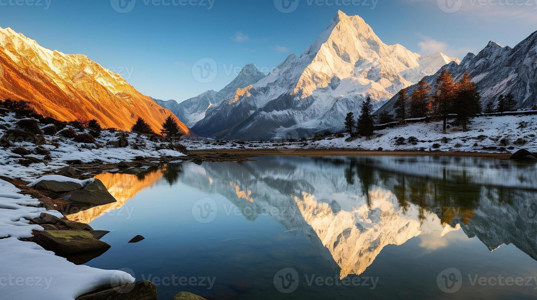 ai gerado majestoso alpino reflexão dentro tranquilo águas foto